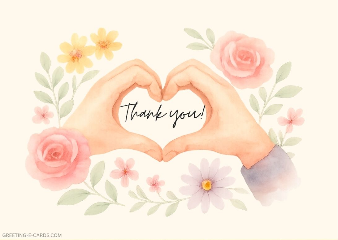 Floral Thank You E-Card with Heart Hands - Free E-card no sign up