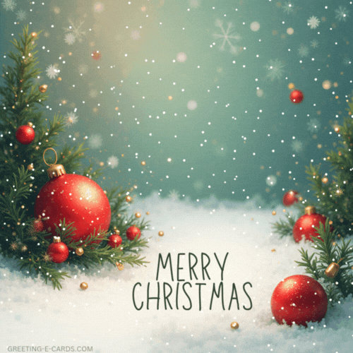 Christmas Gif-Card with Red Ornaments - Free Animated GIF no sign up