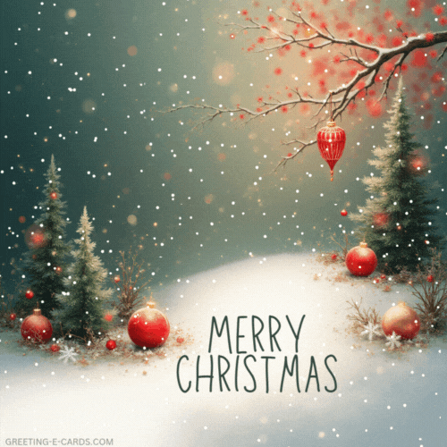 Christmas 2025 Gif-Card with Snow and Ornaments