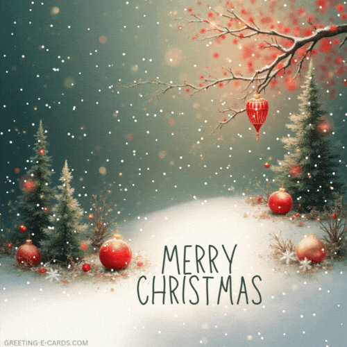 Christmas 2025 Gif-Card with Snow and Ornaments
