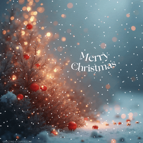 Merry Christmas Gif-Card with Snow and Tree