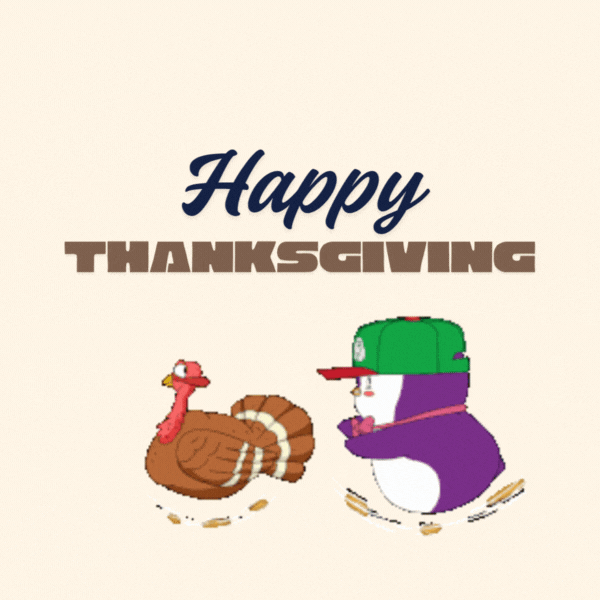 Happy Thanksgiving Gif-Card with Turkey and Penguin