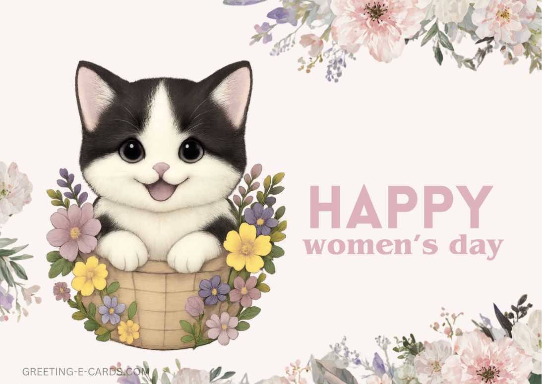 Cute Cat Women's Day E-Card with Flowers - Free E-card no sign up