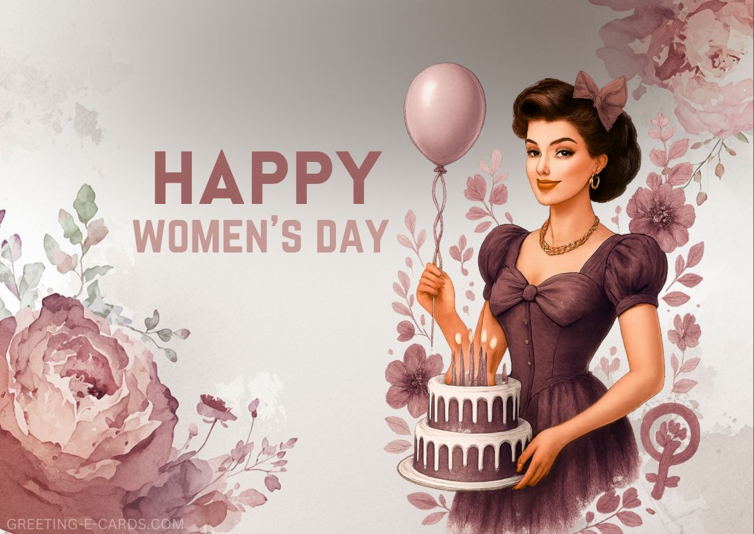 Happy Women's Day E-Card with Flowers and Cake - Free E-card no sign up